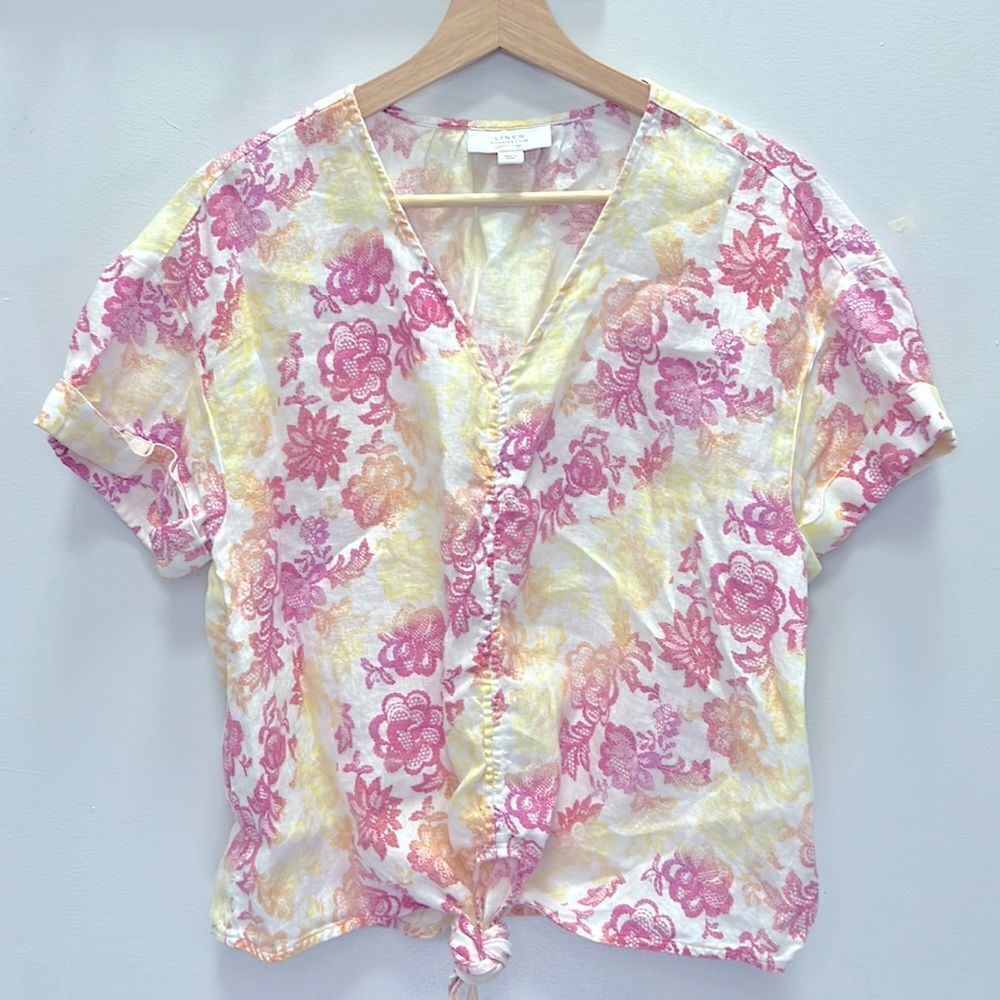 Charter Club White Pink Yellow Linen Luxury Short Sleeve Tie Front Top Size L